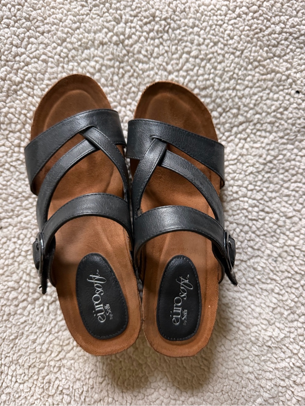 Eurosoft Black Leather Strappy Slide Sandals